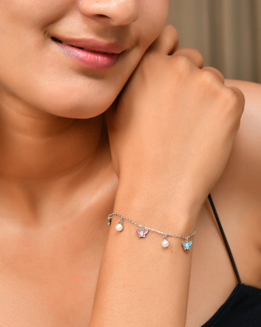 Sterling Silver Butterfly & Pearl Charm Bracelet – Blue, Pink, Yellow Enamel