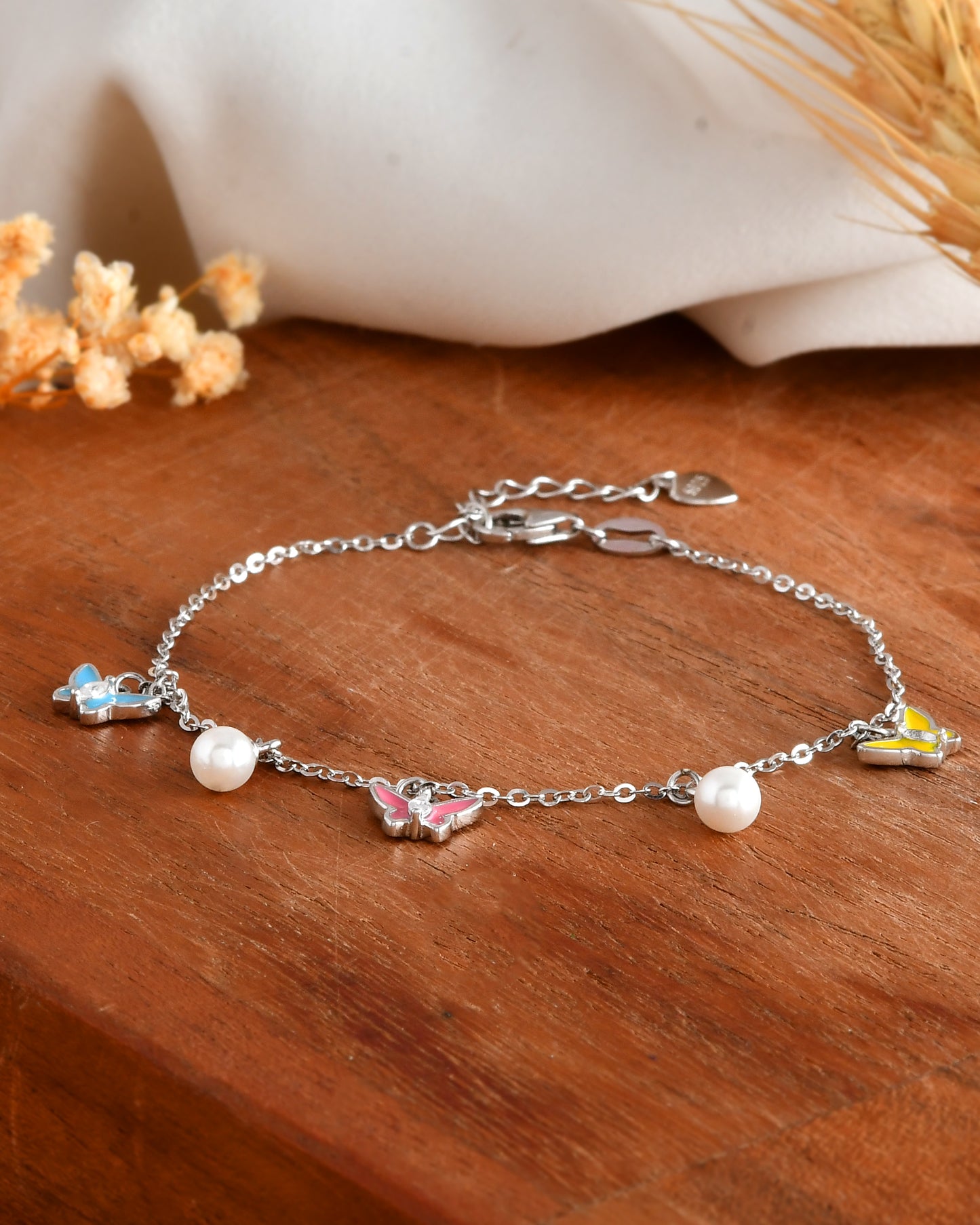 Sterling Silver Butterfly & Pearl Charm Bracelet – Blue, Pink, Yellow Enamel