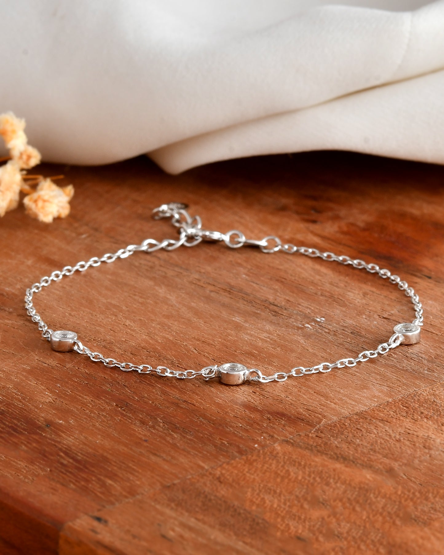 Sterling Silver Bezel-Set Trio Stone Bracelet – Minimalist 3-CZ Dainty Chain Jewelry