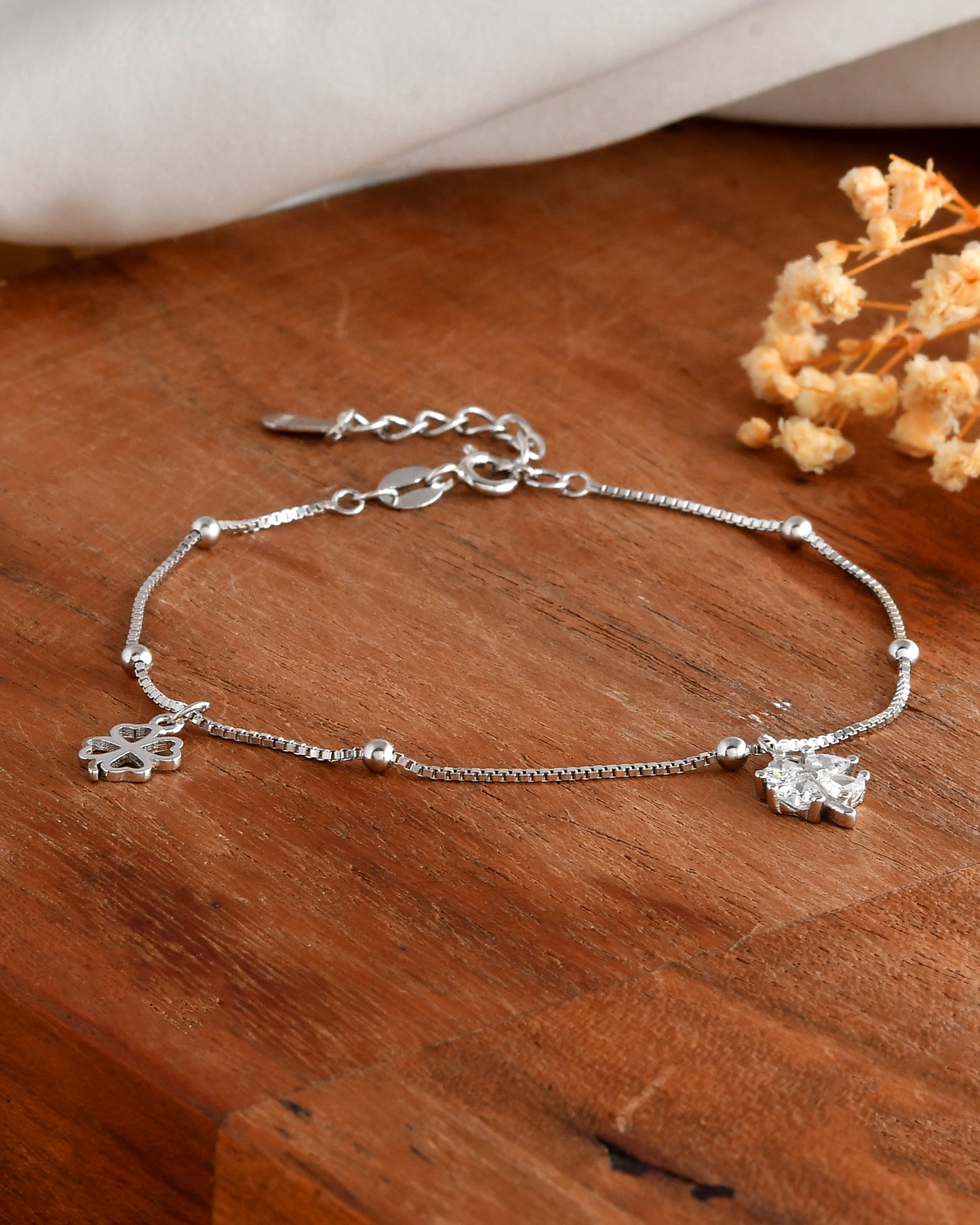 Lucky Clover Sterling-Silver Charm Bracelet | Box-Chain with CZ Four-Leaf Drops