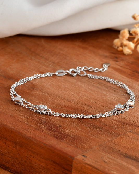 Double-Layer Heart-Charm Sterling-Silver Bracelet | CZ Pavé & Polished Mini Hearts