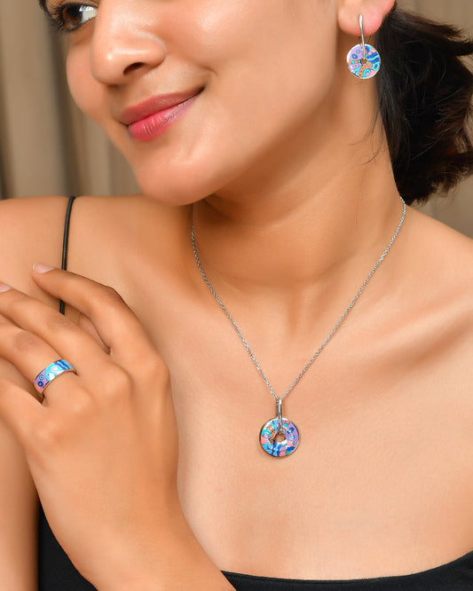Sterling Silver Enamel Disc Jewelry Set – Color-Splash Necklace, Dangle Earrings & Ring