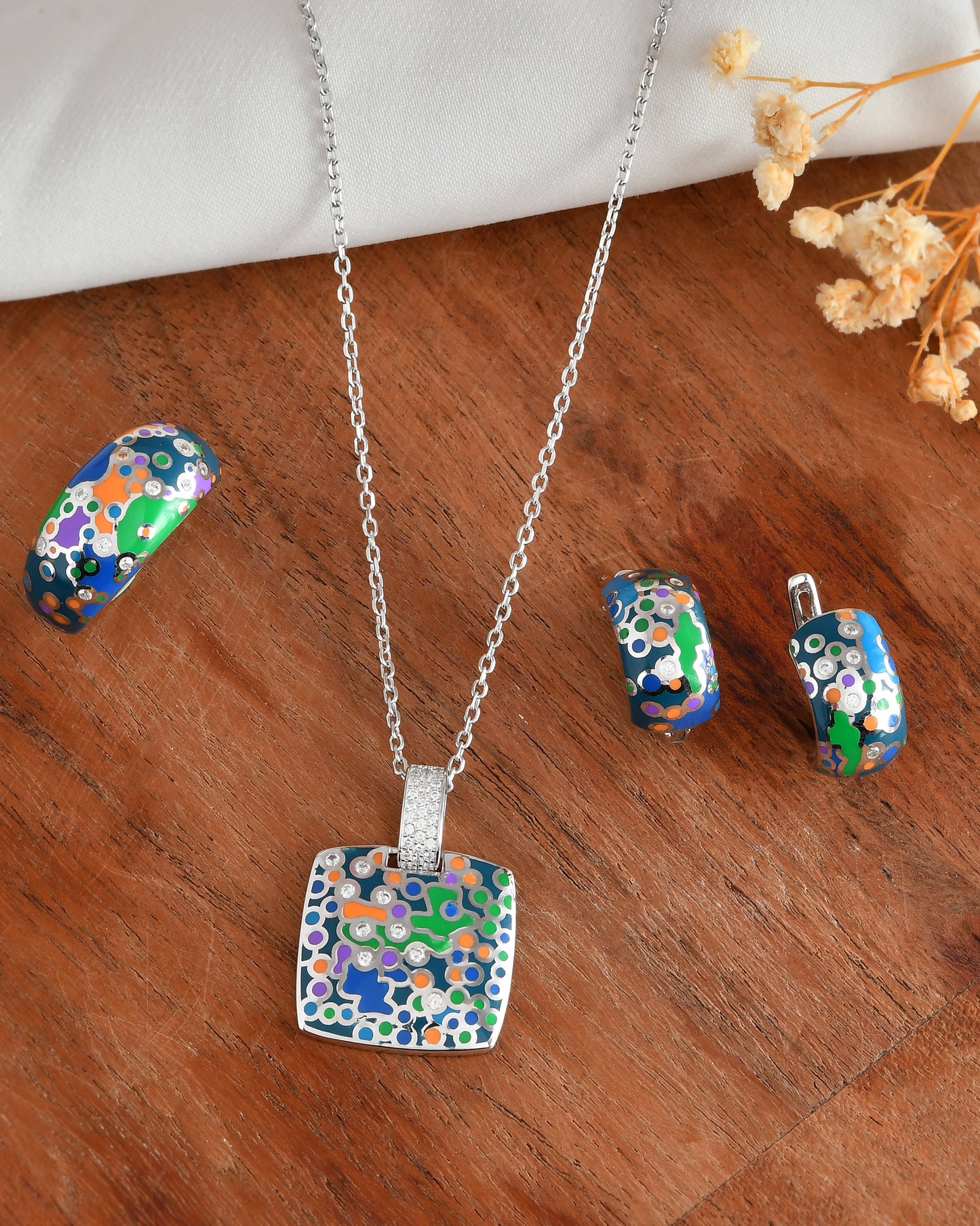 Sterling Silver Mosaic Enamel Square Jewelry Set – Necklace, Huggie Earrings & Matching Ring