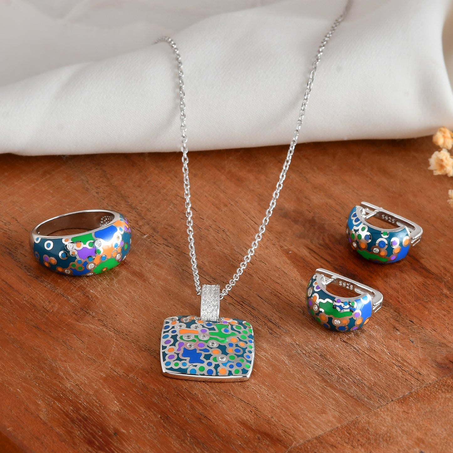 Sterling Silver Mosaic Enamel Square Jewelry Set – Necklace, Huggie Earrings & Matching Ring