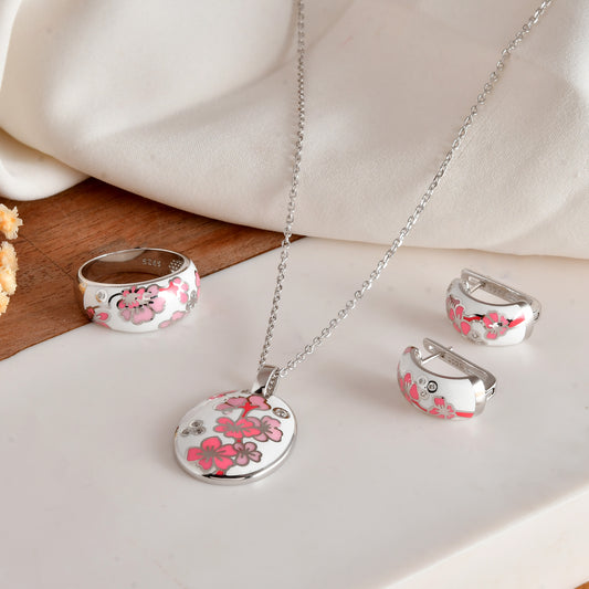 Cherry-Blossom Enamel Ring in 925 Sterling Silver | Pink Sakura Floral Band with CZ Accents