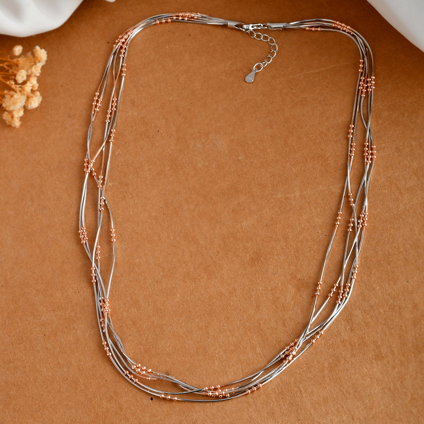 Two-Tone Sterling Silver & Rose-Gold Tube-Bead Multi-Strand Necklace – Adjustable 16-18 in