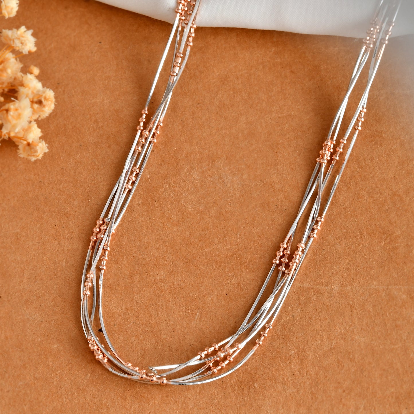 Two-Tone Sterling Silver & Rose-Gold Tube-Bead Multi-Strand Necklace – Adjustable 16-18 in