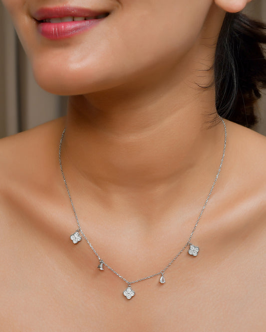 Clover & Teardrop CZ Charm Necklace – Dainty Sterling Silver Choker