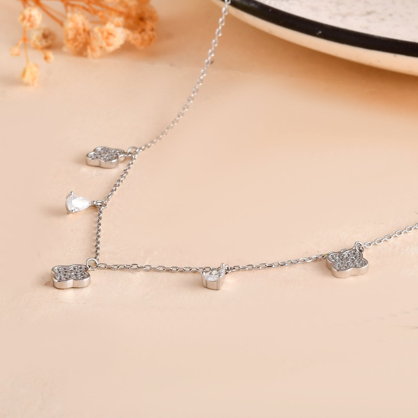 Clover & Teardrop CZ Charm Necklace – Dainty Sterling Silver Choker