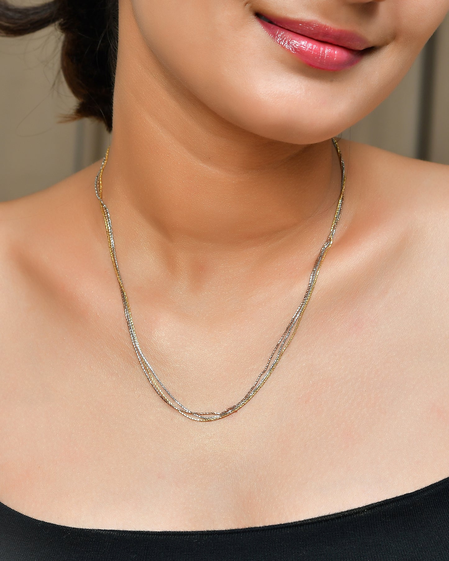 Tri-Color Layered Box-Chain Necklace | Gold, Rose & Silver Tone Statement Collar