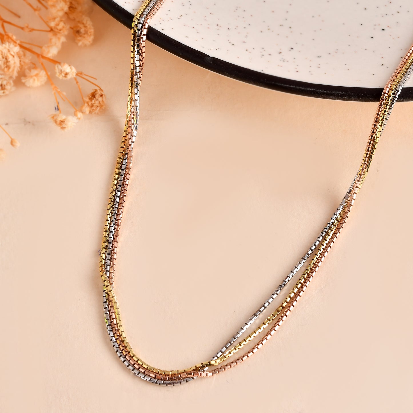Tri-Color Layered Box-Chain Necklace | Gold, Rose & Silver Tone Statement Collar