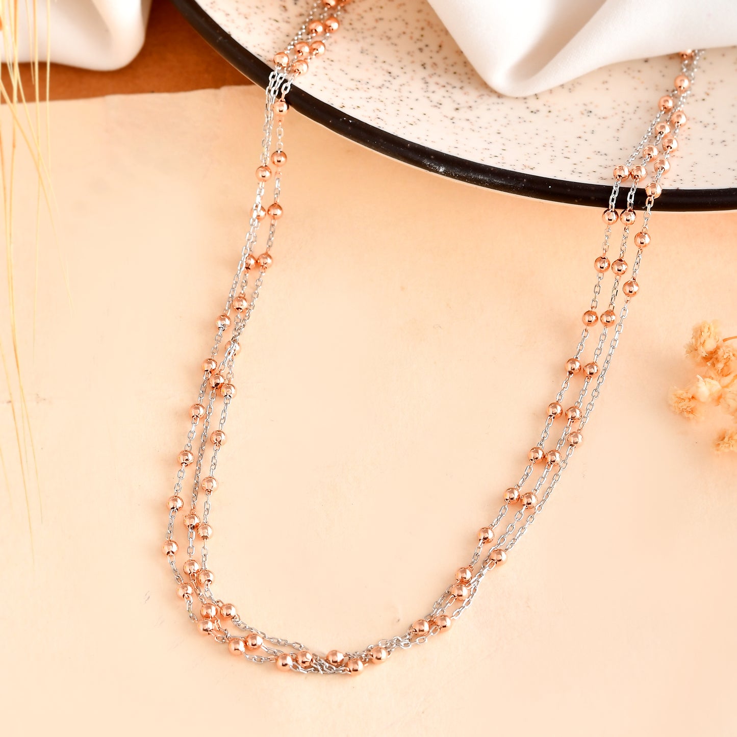 Two-Tone Multi-Strand Sterling Silver & Rose-Gold Bead Layered Necklace
