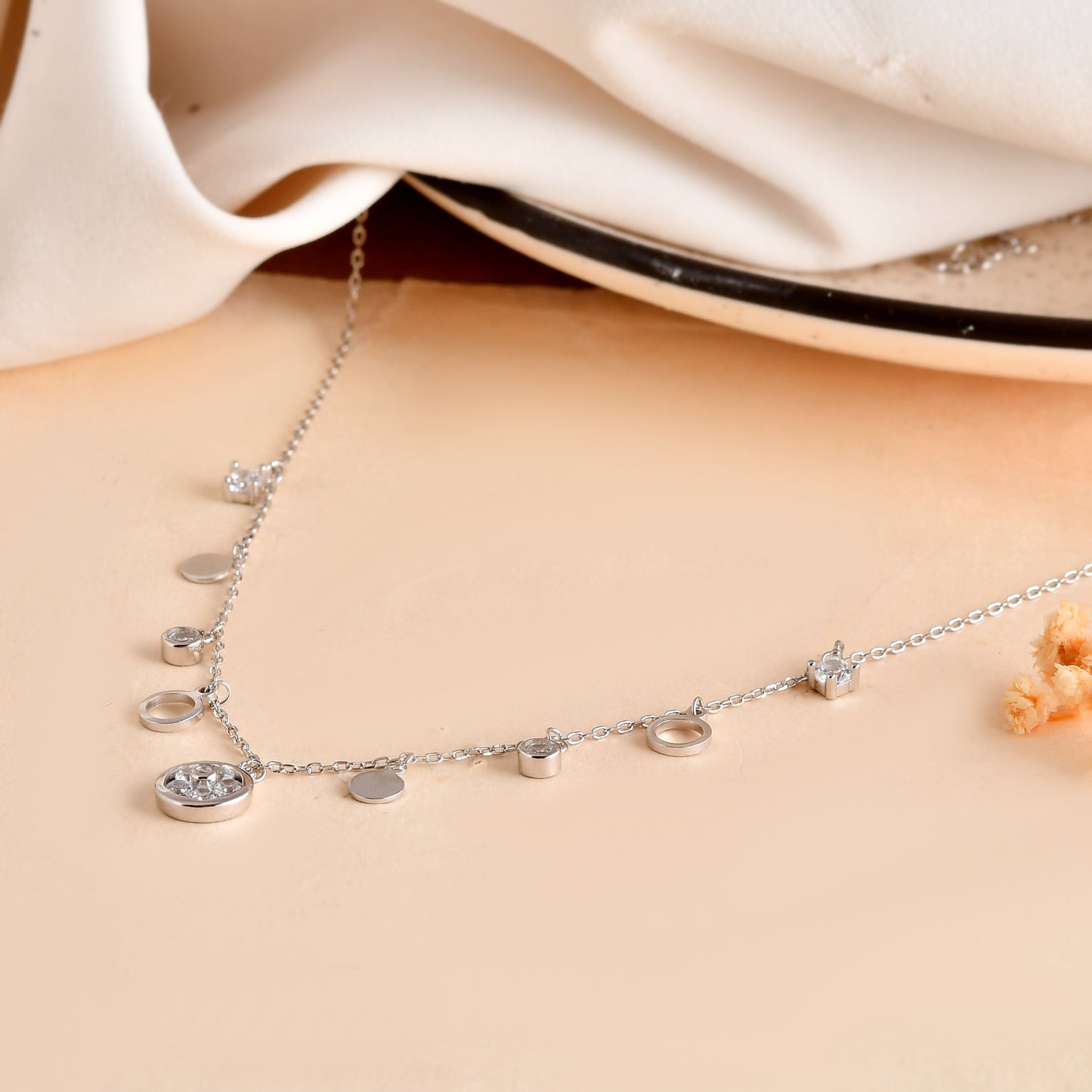 Sterling Silver Mixed-Charm Dangle Necklace – CZ Discs, Open Rings & Mini Drops