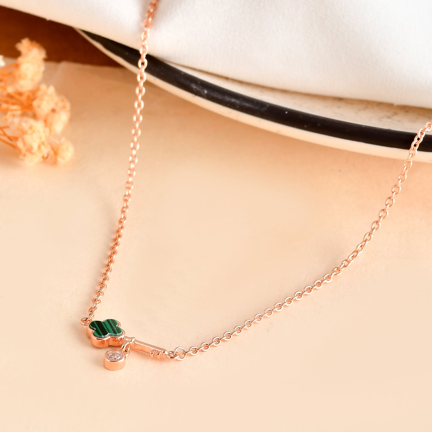 Rose-Gold Lucky Clover Key Necklace with Malachite Enamel & CZ Charm