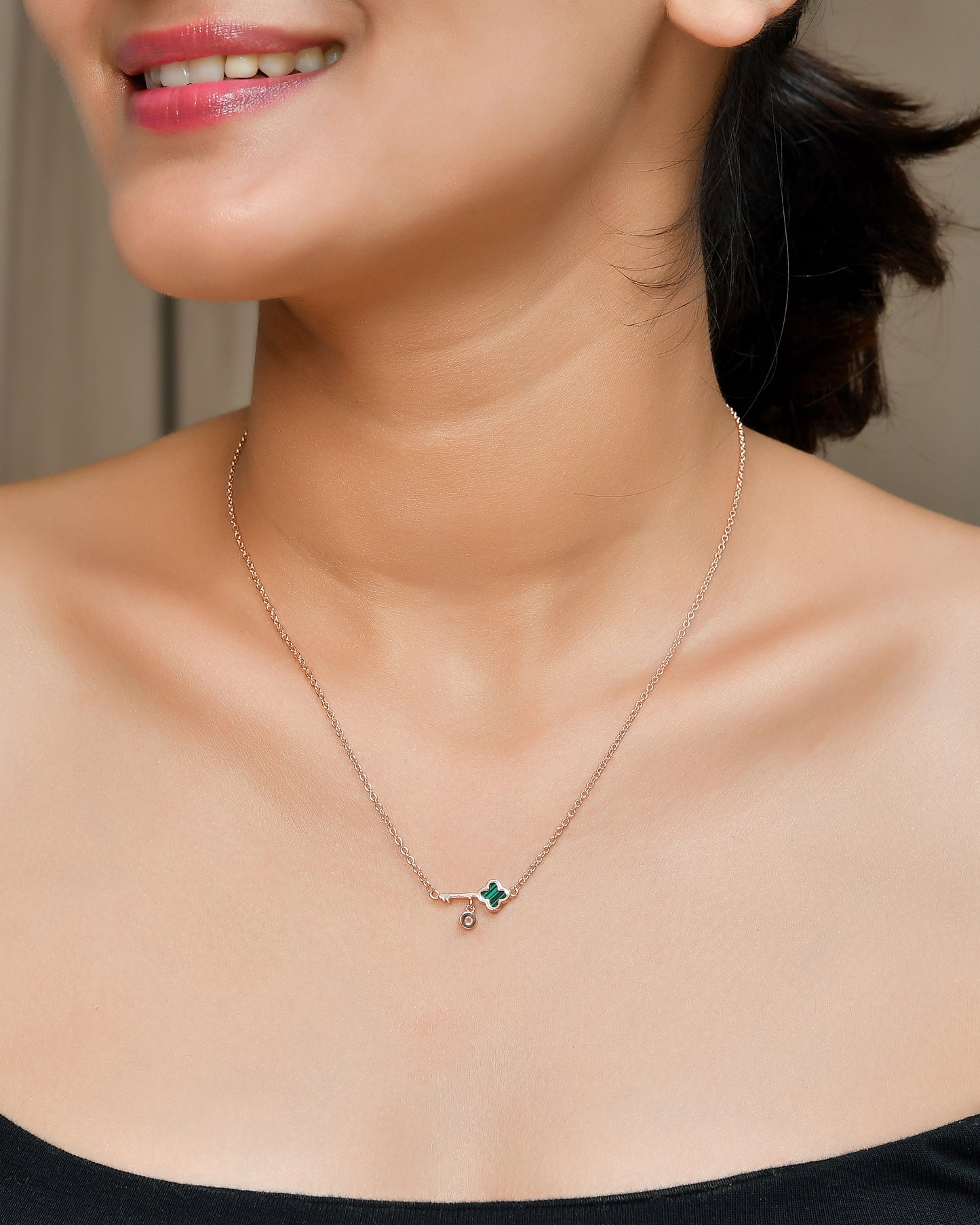 Rose-Gold Lucky Clover Key Necklace with Malachite Enamel & CZ Charm