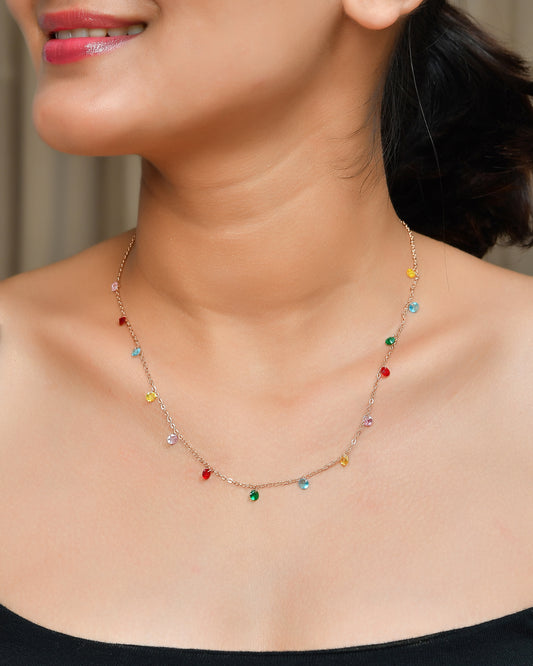 Rainbow Confetti Crystal Drop Necklace | Rose-Gold Cable Chain Choker