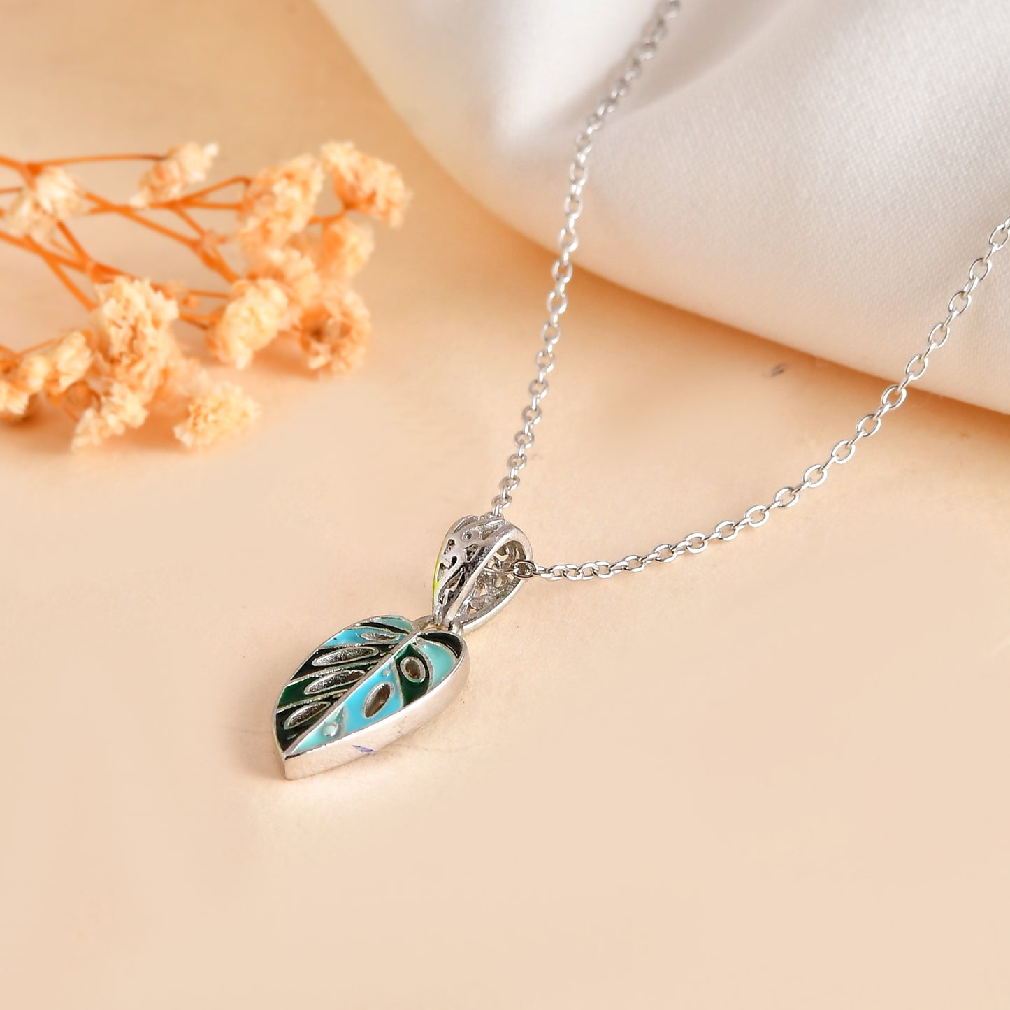 Monstera Leaf Pendant – Turquoise & Emerald Enamel in Sterling Silver
