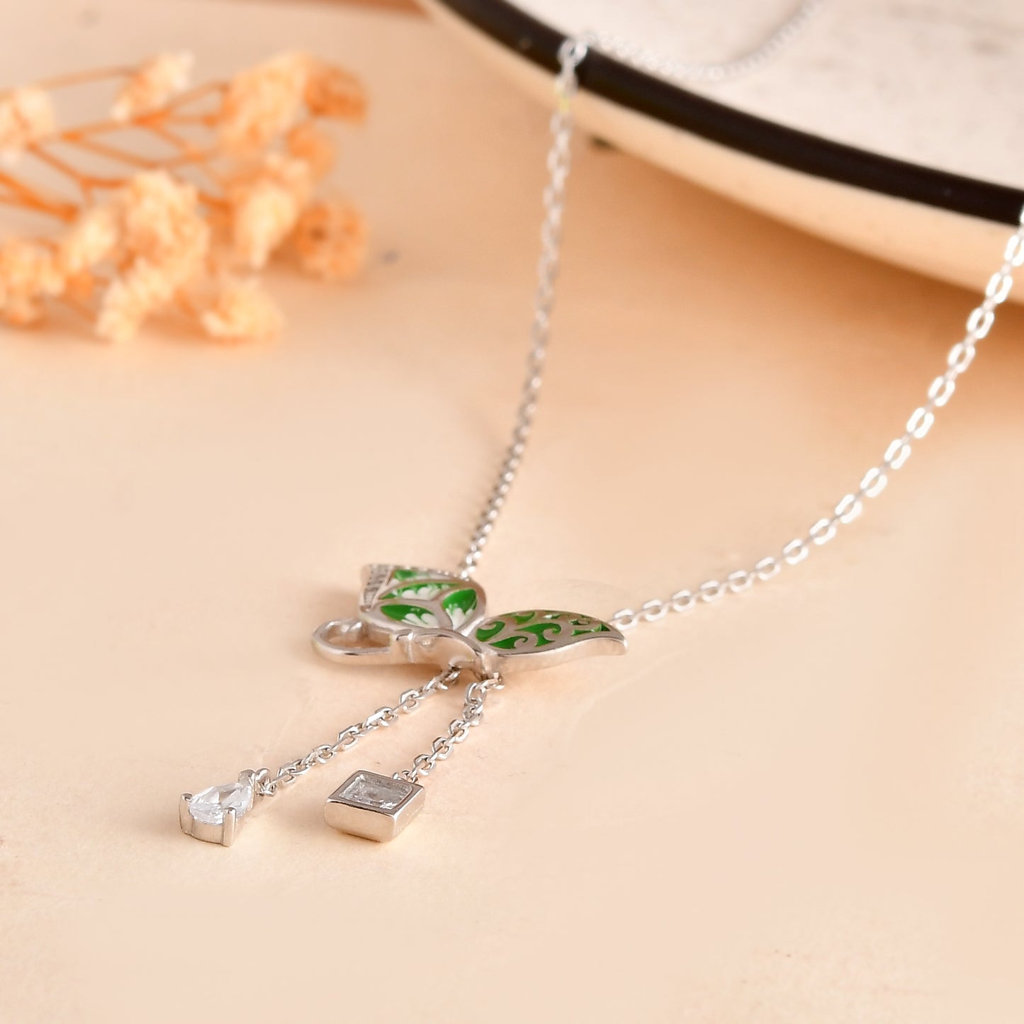 Emerald-Green Butterfly Y-Lariat – Hand-Enamelled Sterling-Silver Necklace