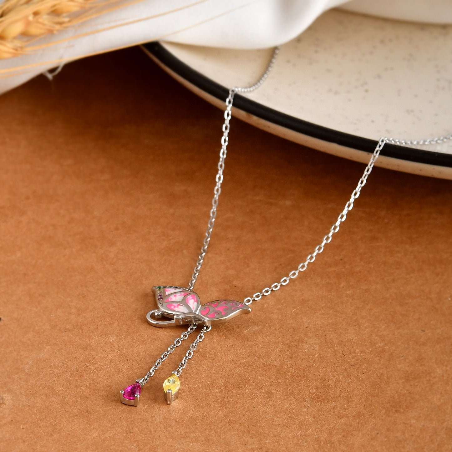 Blush-Pink Butterfly Y-Lariat – Hand-Enamelled Sterling-Silver Necklace
