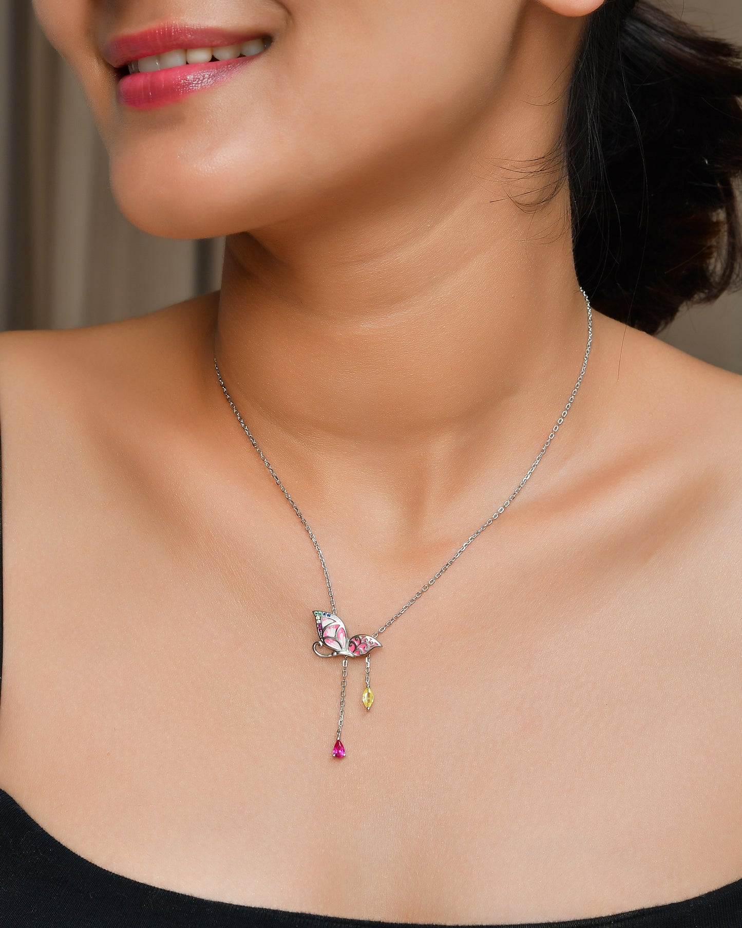 Blush-Pink Butterfly Y-Lariat – Hand-Enamelled Sterling-Silver Necklace