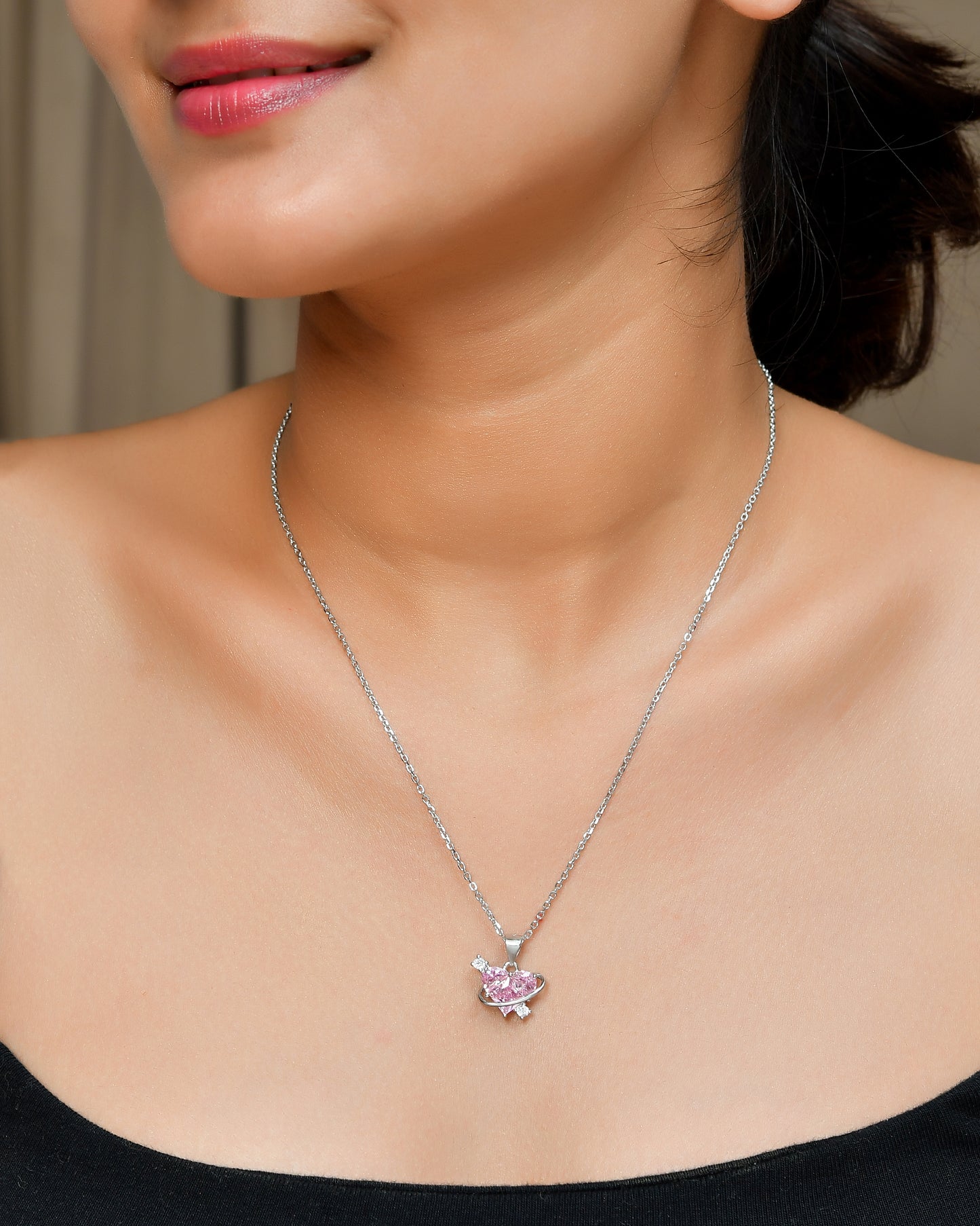 Sterling Silver “Heart-in-Orbit” Pink CZ Planet Pendant Necklace