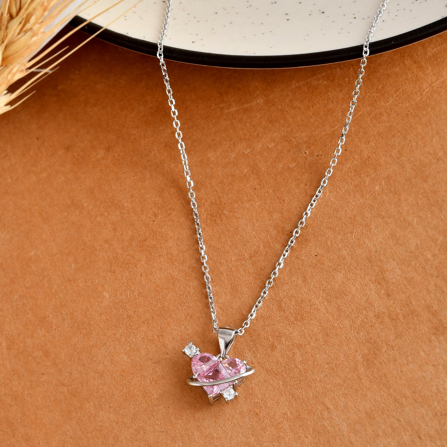 Sterling Silver “Heart-in-Orbit” Pink CZ Planet Pendant Necklace
