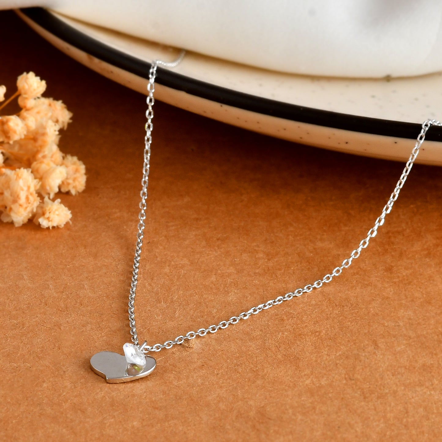 Dainty Sterling Silver Heart Pendant Necklace with White Crystal Charm