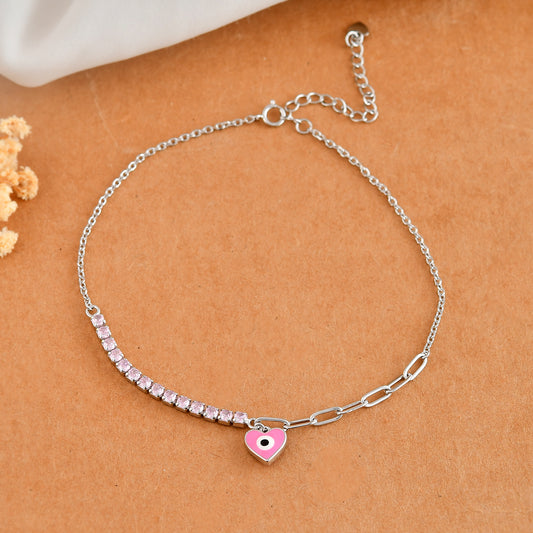 Pink-CZ Tennis & Paperclip Sterling-Silver Anklet | Heart Evil-Eye Charm
