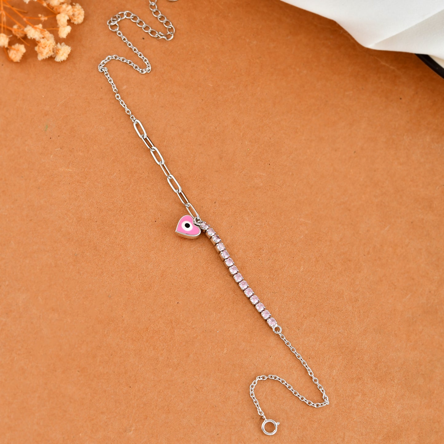 Pink-CZ Tennis & Paperclip Sterling-Silver Anklet | Heart Evil-Eye Charm