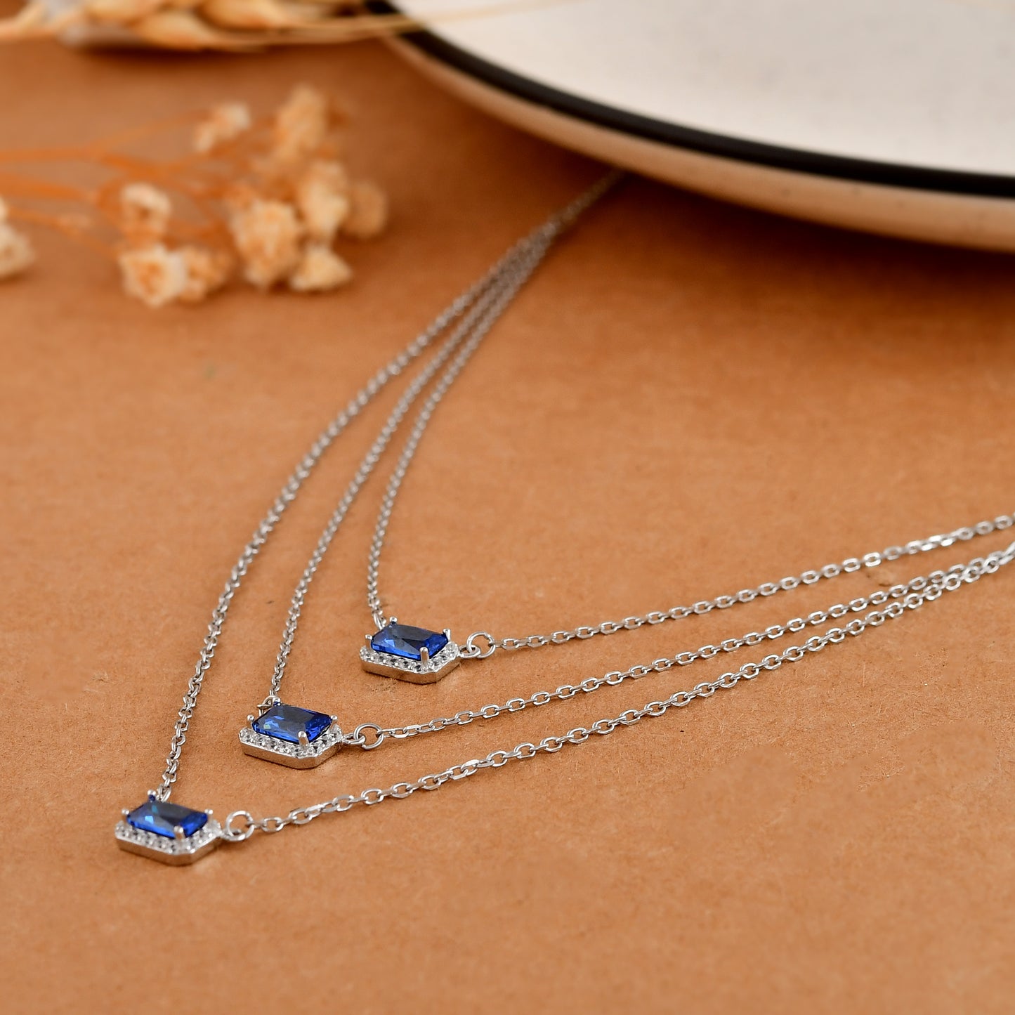 Sterling Silver Triple-Layer Sapphire-Blue Halo Pendant Necklace