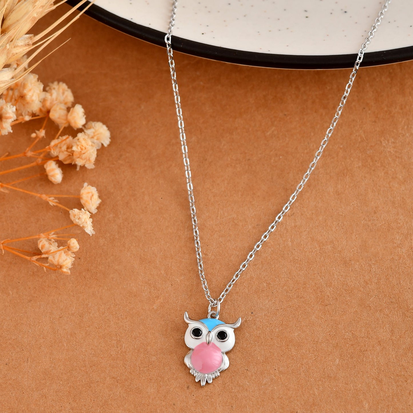 Sterling Silver Enamel Owl Pendant Necklace – Pink & Turquoise Charm, 18″ Chain