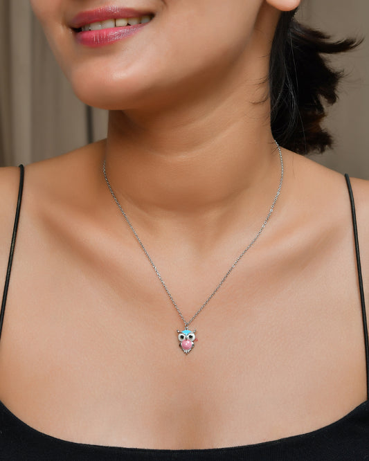 Sterling Silver Enamel Owl Pendant Necklace – Pink & Turquoise Charm, 18″ Chain