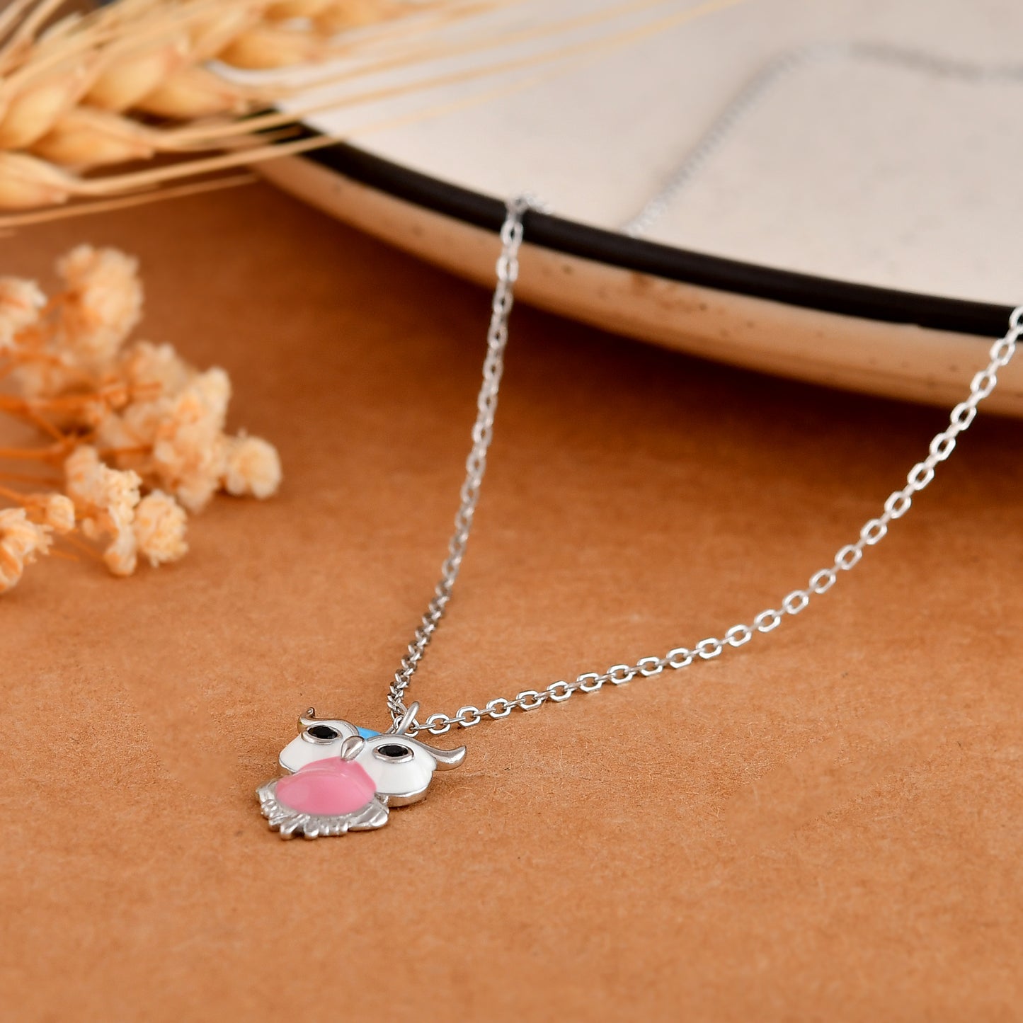 Sterling Silver Enamel Owl Pendant Necklace – Pink & Turquoise Charm, 18″ Chain