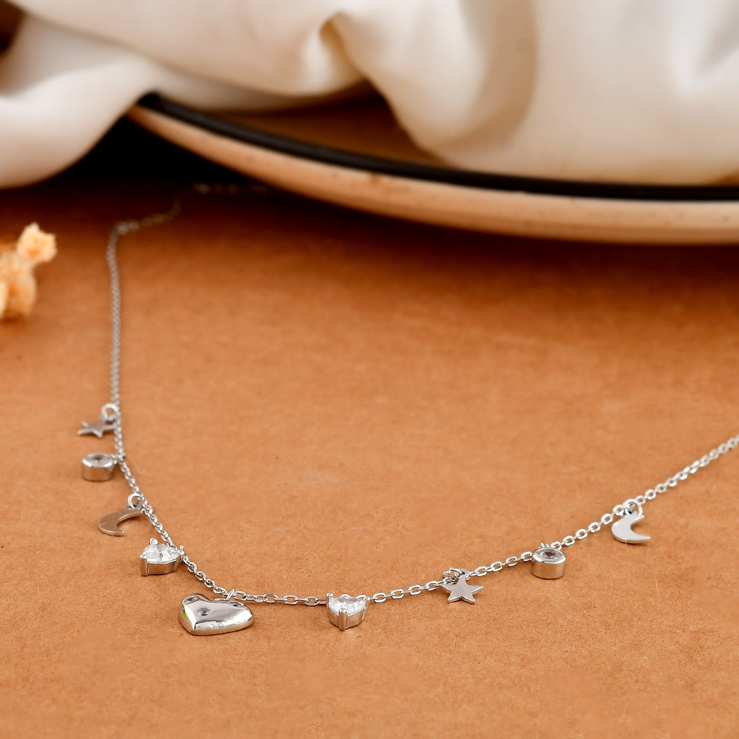 Sterling Silver Celestial Charm Necklace – Heart, Star & Moon Dangle Choker