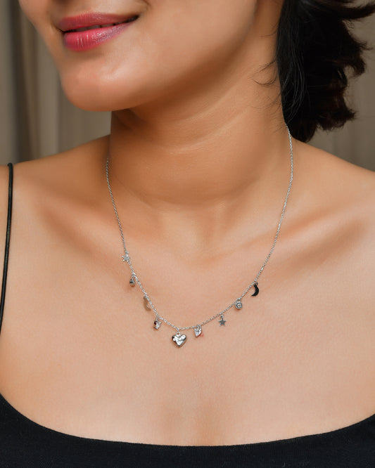 Sterling Silver Celestial Charm Necklace – Heart, Star & Moon Dangle Choker
