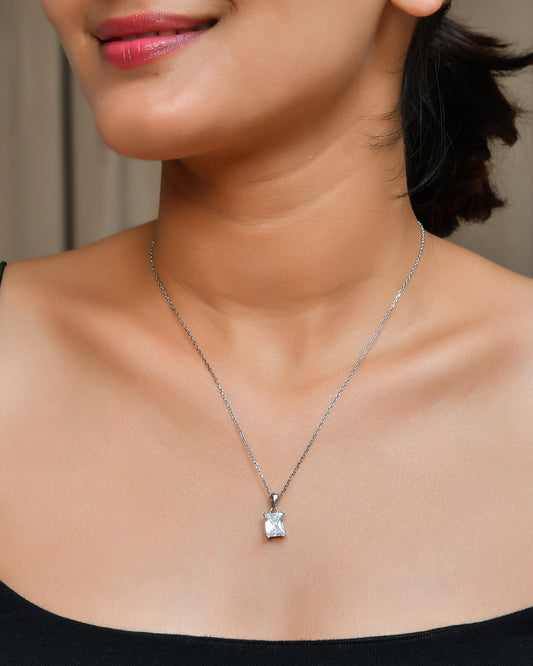 Emerald-Cut Clear CZ Solitaire Pendant in Sterling Silver – Minimalist Necklace