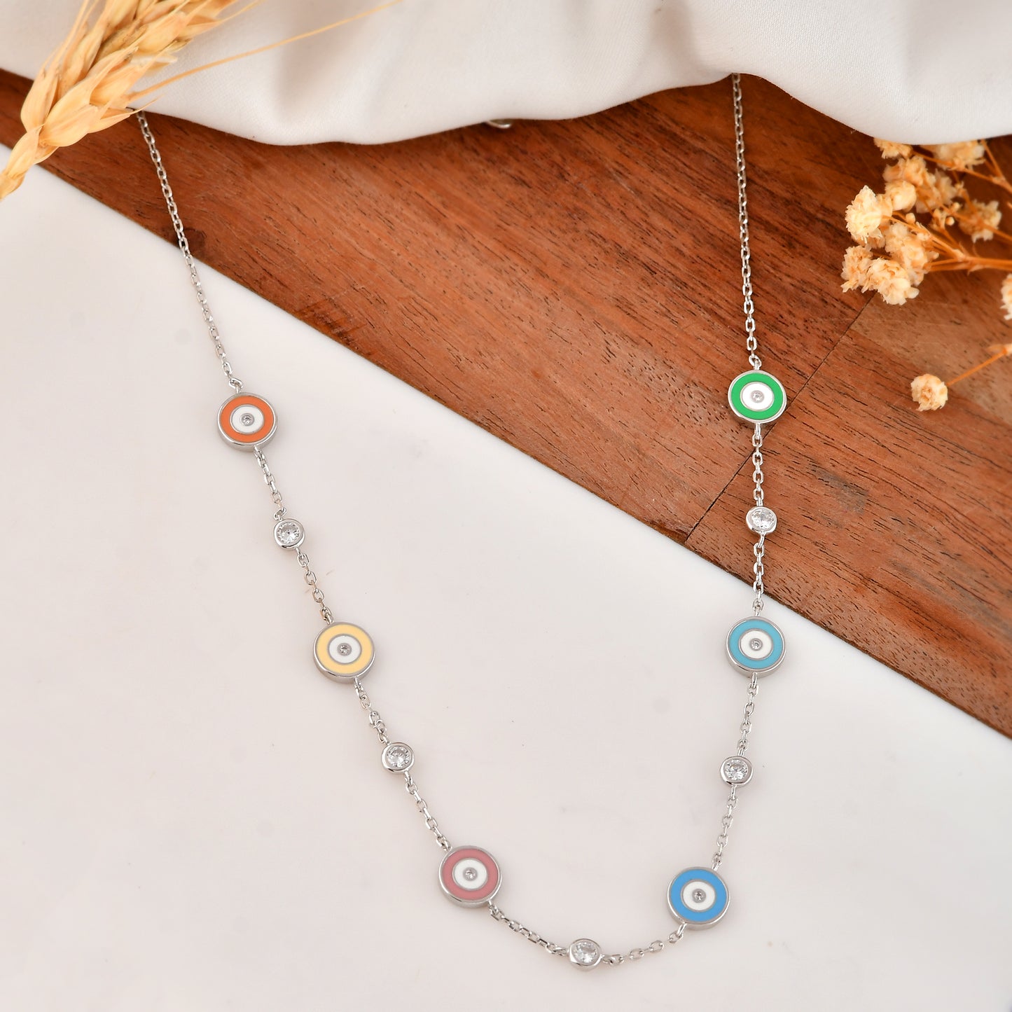 Multicolor Evil-Eye Station Necklace in 925 Sterling Silver with CZ Accents