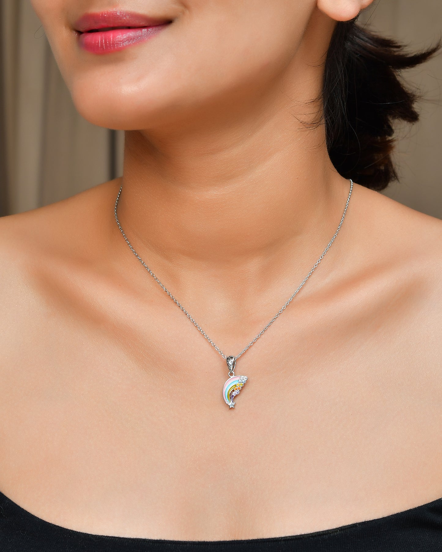 Rainbow Shooting-Star Necklace in Sterling Silver with Pastel Enamel & CZ Crystals