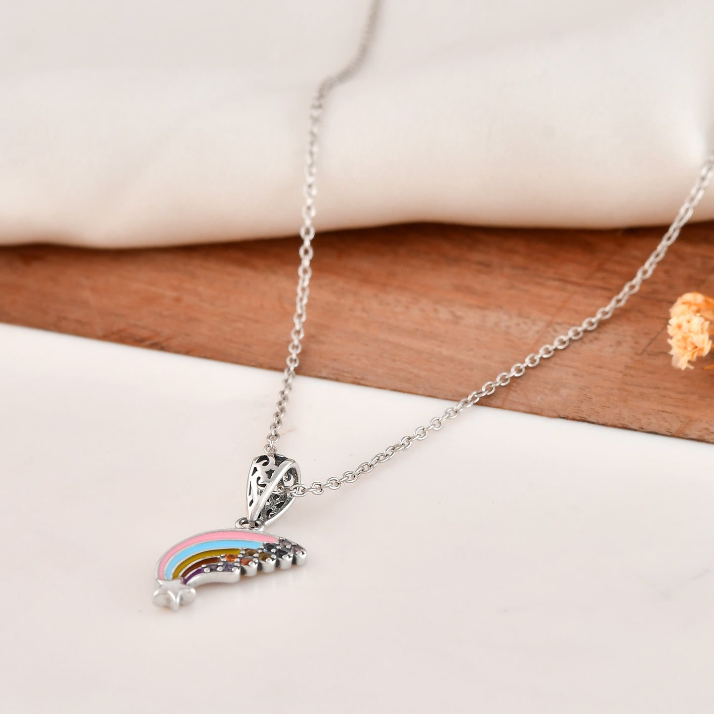 Rainbow Shooting-Star Necklace in Sterling Silver with Pastel Enamel & CZ Crystals