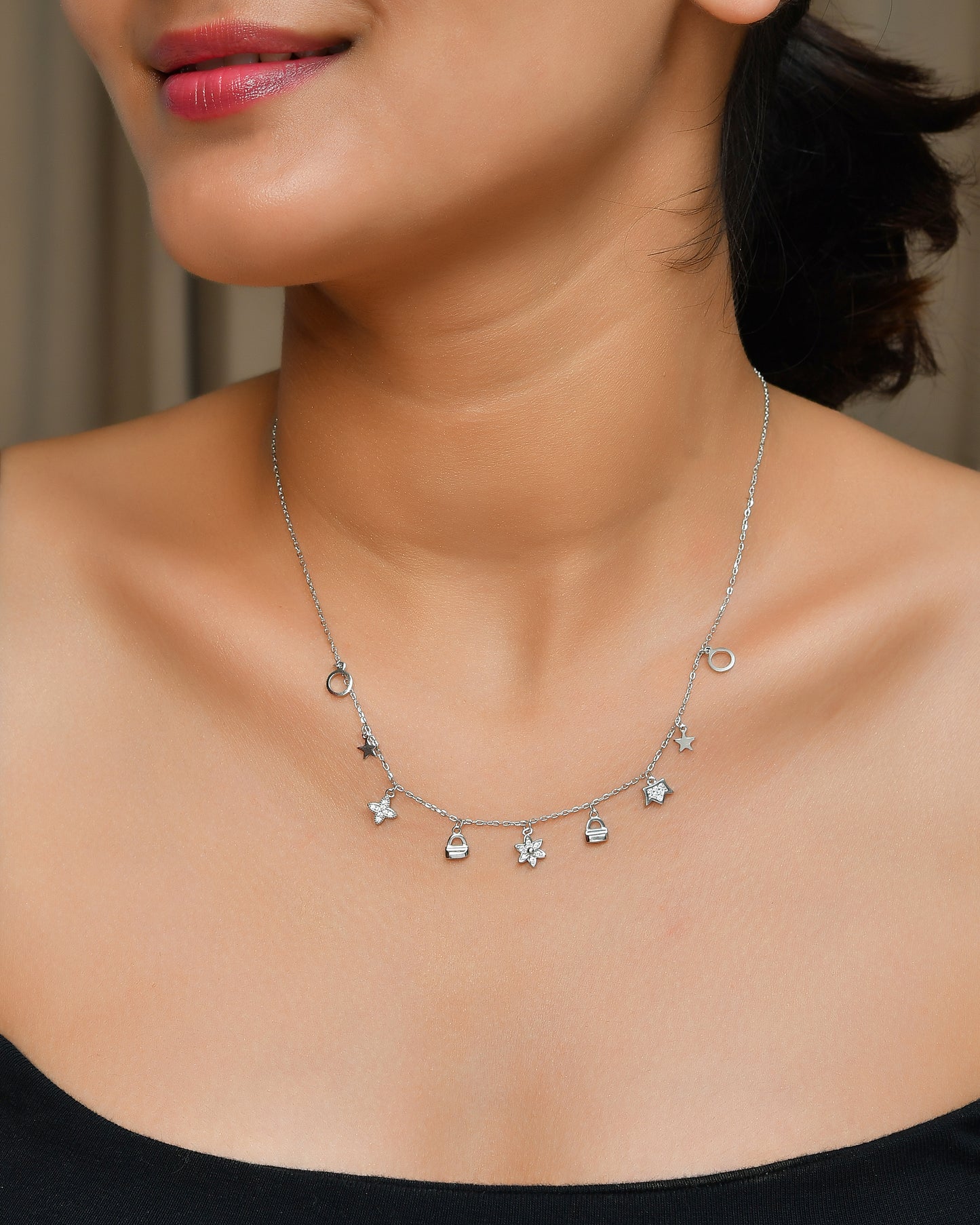 Sterling-Silver Charm Cascade Necklace with CZ Stars, Hearts & Mini Handbag Dangles