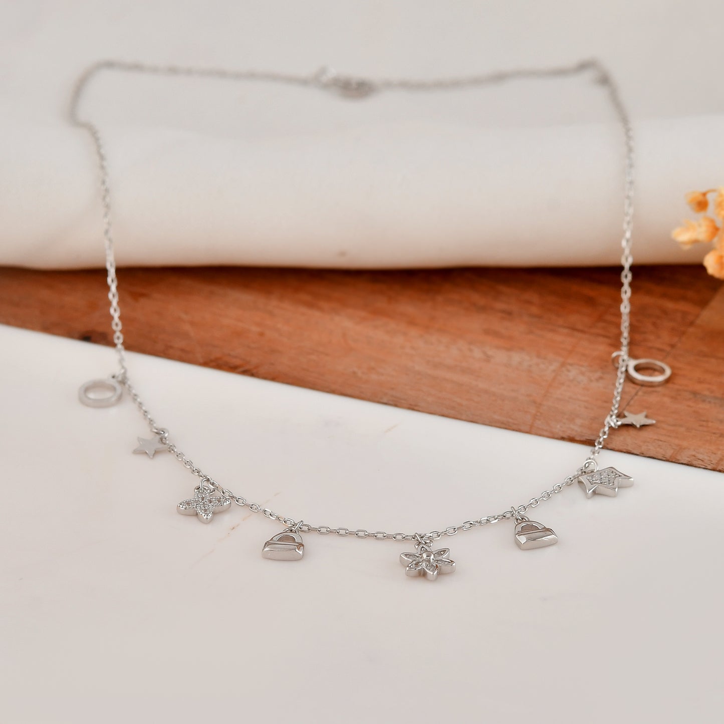 Sterling-Silver Charm Cascade Necklace with CZ Stars, Hearts & Mini Handbag Dangles