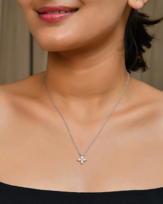 Sterling Silver Marquise CZ Four-Leaf Clover Pendant Necklace – Dainty Lucky Charm Jewelry