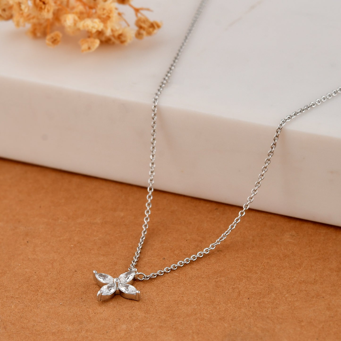 Sterling Silver Marquise CZ Four-Leaf Clover Pendant Necklace – Dainty Lucky Charm Jewelry
