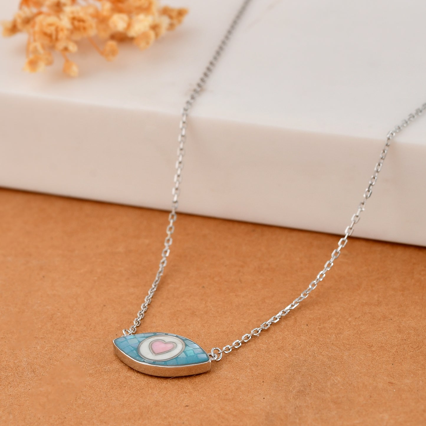 Turquoise Enamel Evil-Eye Heart Necklace – Sterling-Silver Protection Pendant