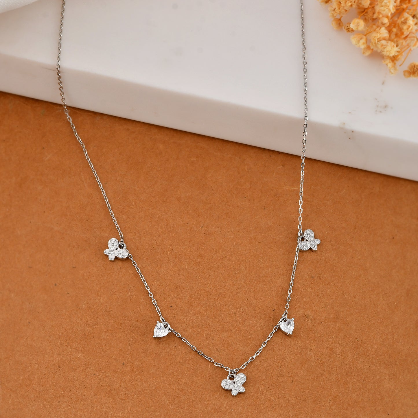 Sterling-Silver Clover & Heart CZ Station Necklace – Dainty Four-Leaf Charm Choker