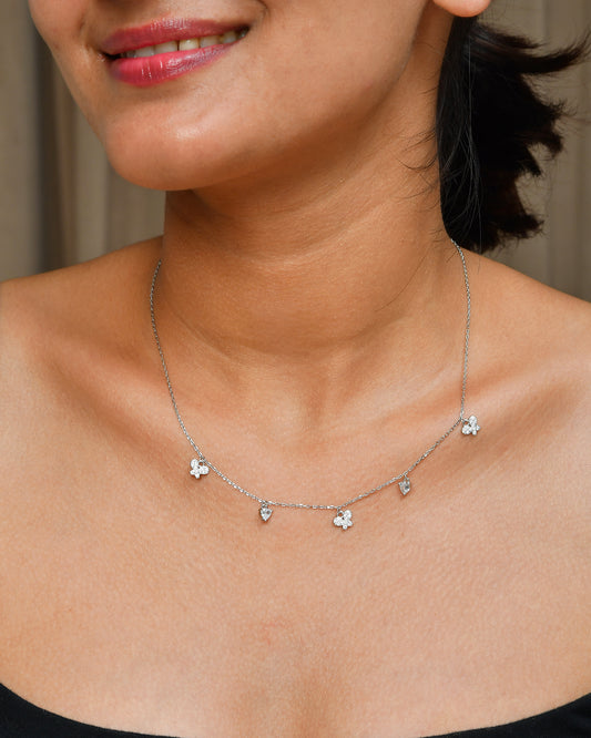 Sterling-Silver Clover & Heart CZ Station Necklace – Dainty Four-Leaf Charm Choker