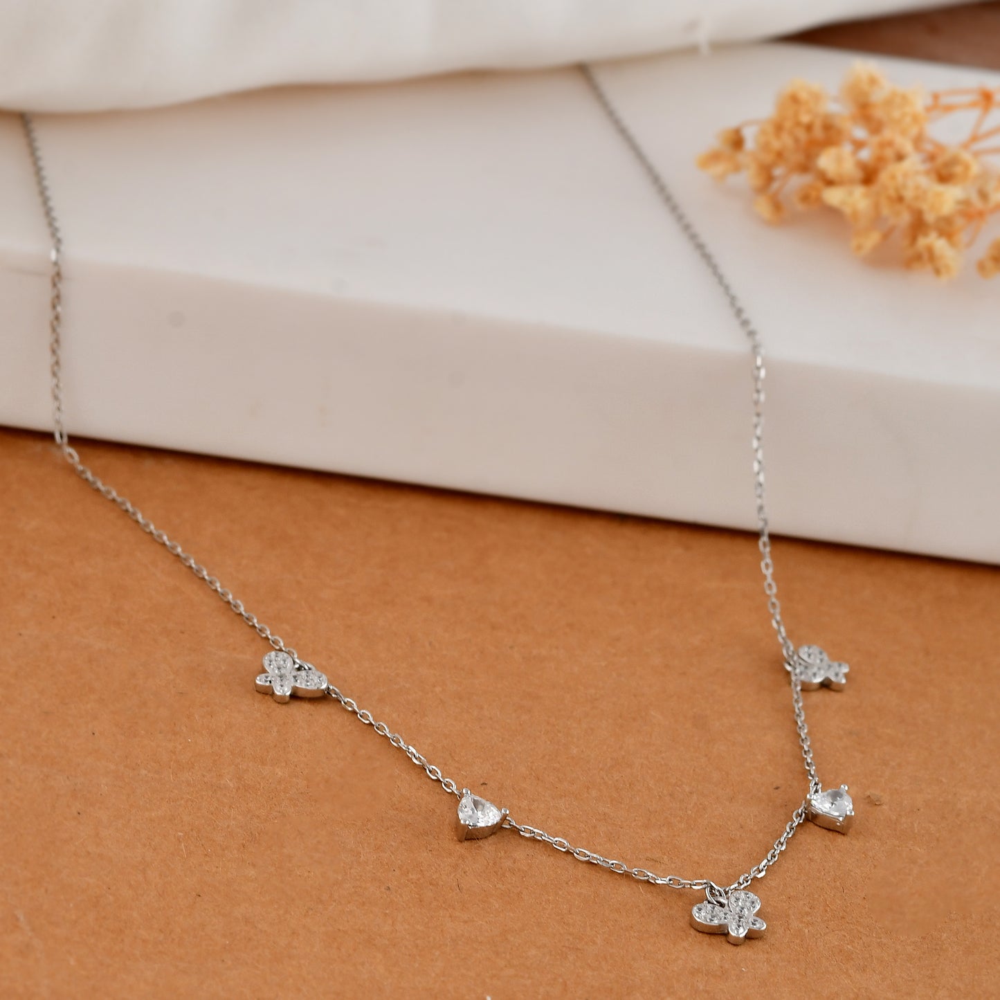 Sterling-Silver Clover & Heart CZ Station Necklace – Dainty Four-Leaf Charm Choker