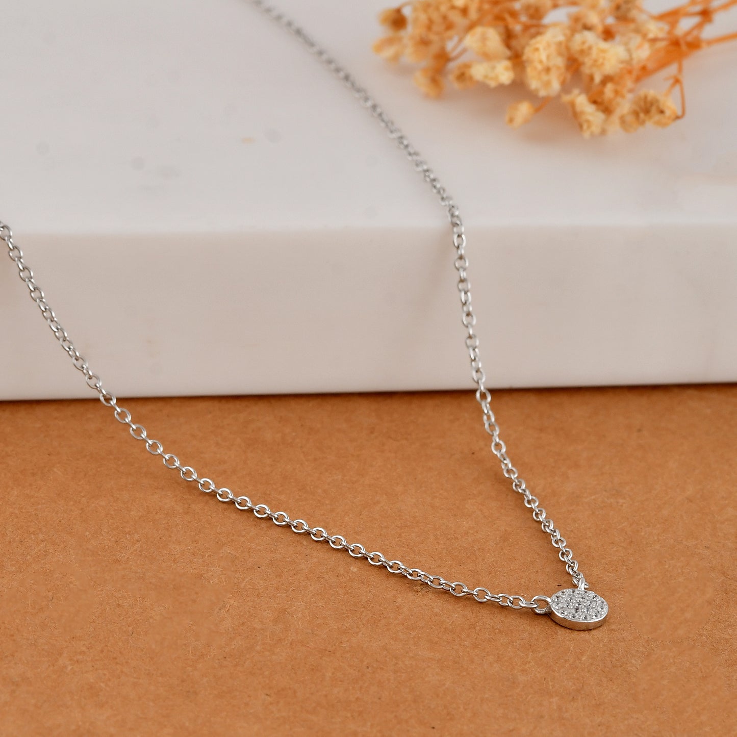 Tiny Pave Disc Necklace in 925 Sterling Silver – Minimalist Round CZ Pendant Choker