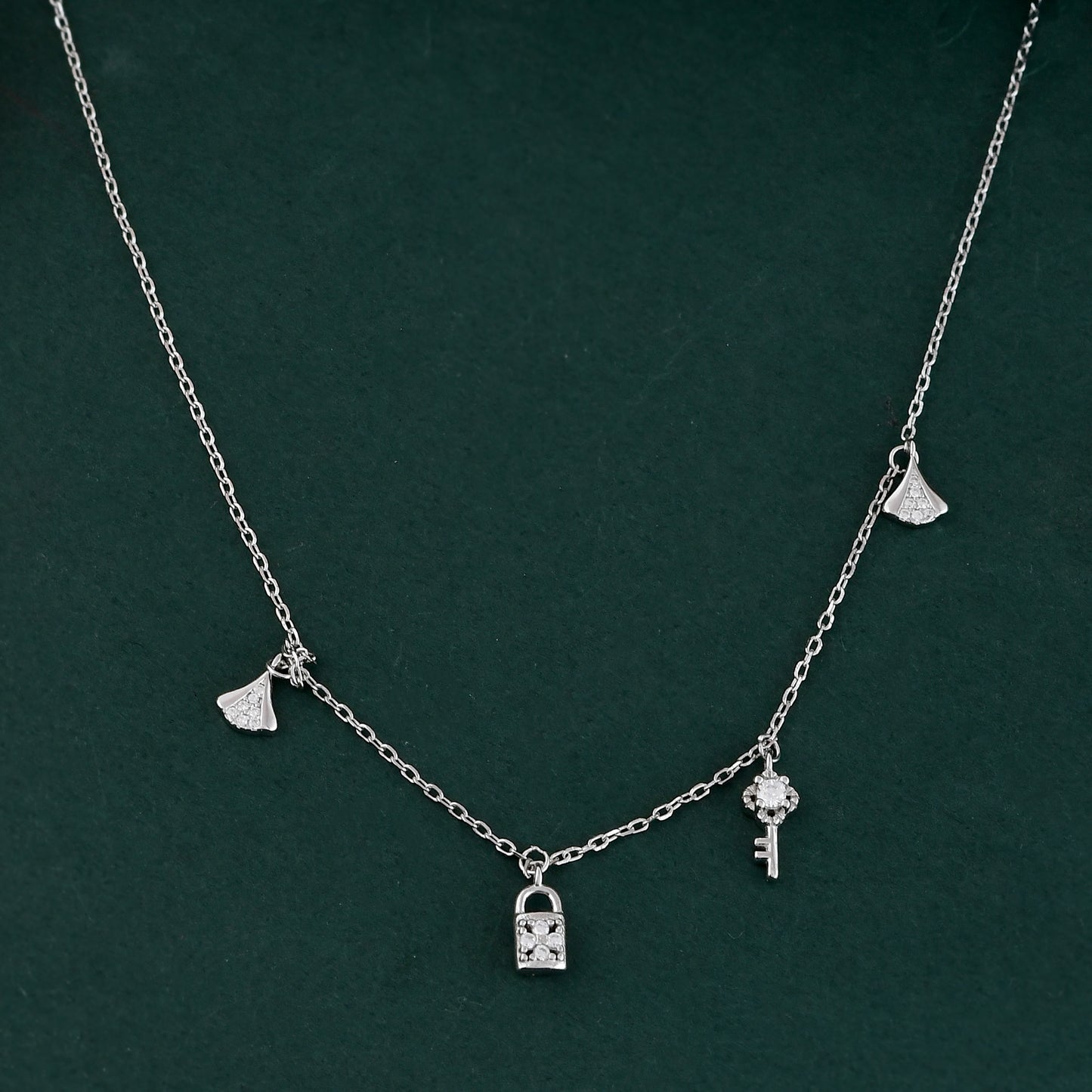 Sterling Silver Lock & Key Charm Necklace – Dainty CZ Padlock, Key & Ginkgo Leaf Pendant Choker