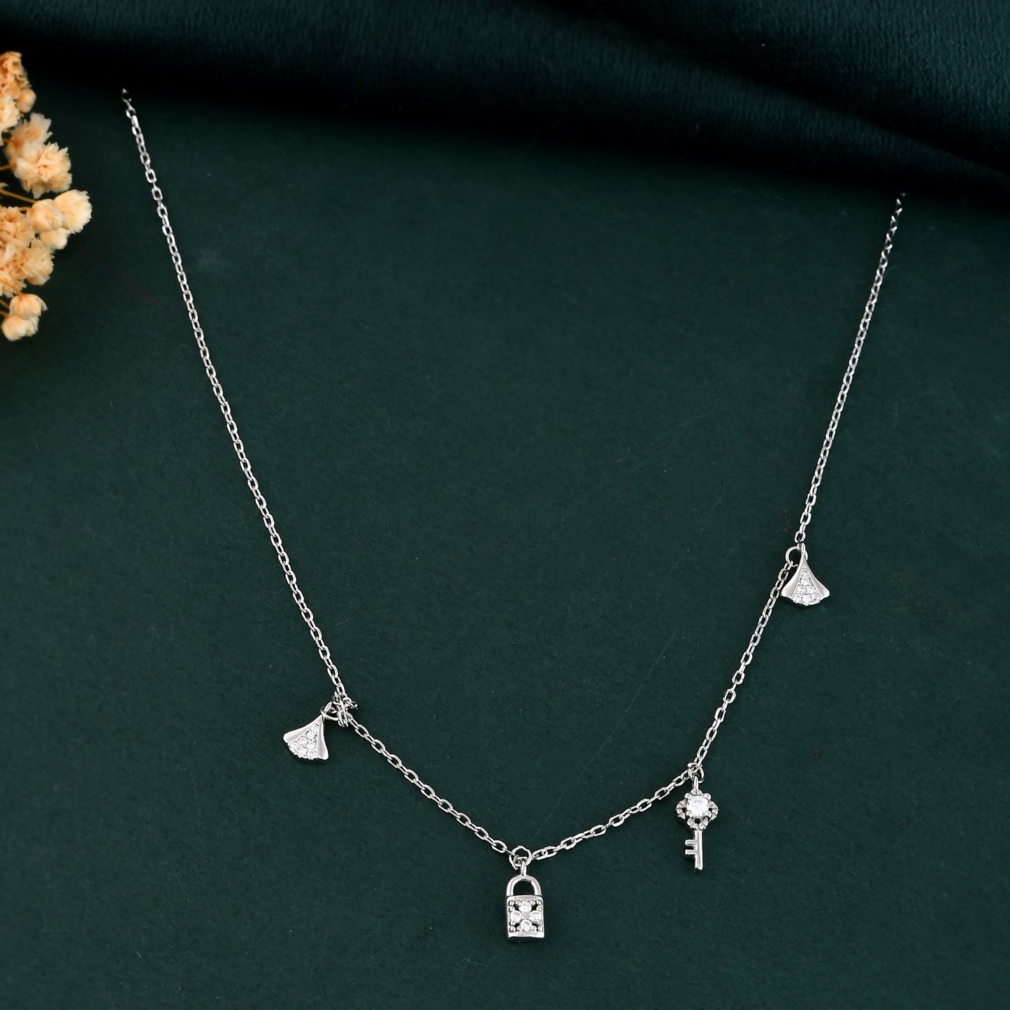 Sterling Silver Lock & Key Charm Necklace – Dainty CZ Padlock, Key & Ginkgo Leaf Pendant Choker